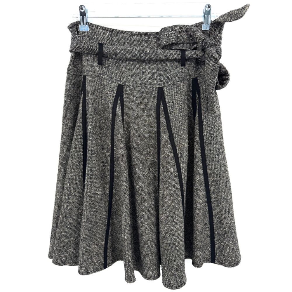 HOBBS Gray Tweed Wool Pleated Dark Academia Fit & Flare Belted Skirt Size 10